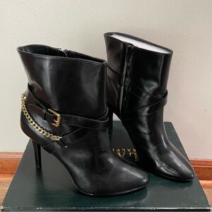 Lauren Ralph Laurie Black Kidskin Leather Ankle High Gold Chain & Buckles Boots